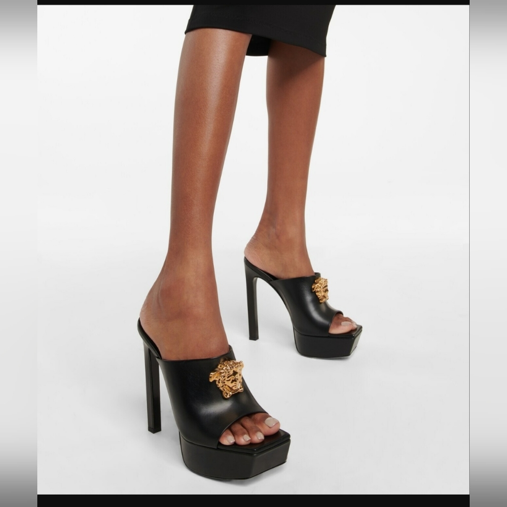 Versace La Medusa Gold 140MM Leather Platform Mules/Sandal Black Size 38/5 - Picture 1 of 16